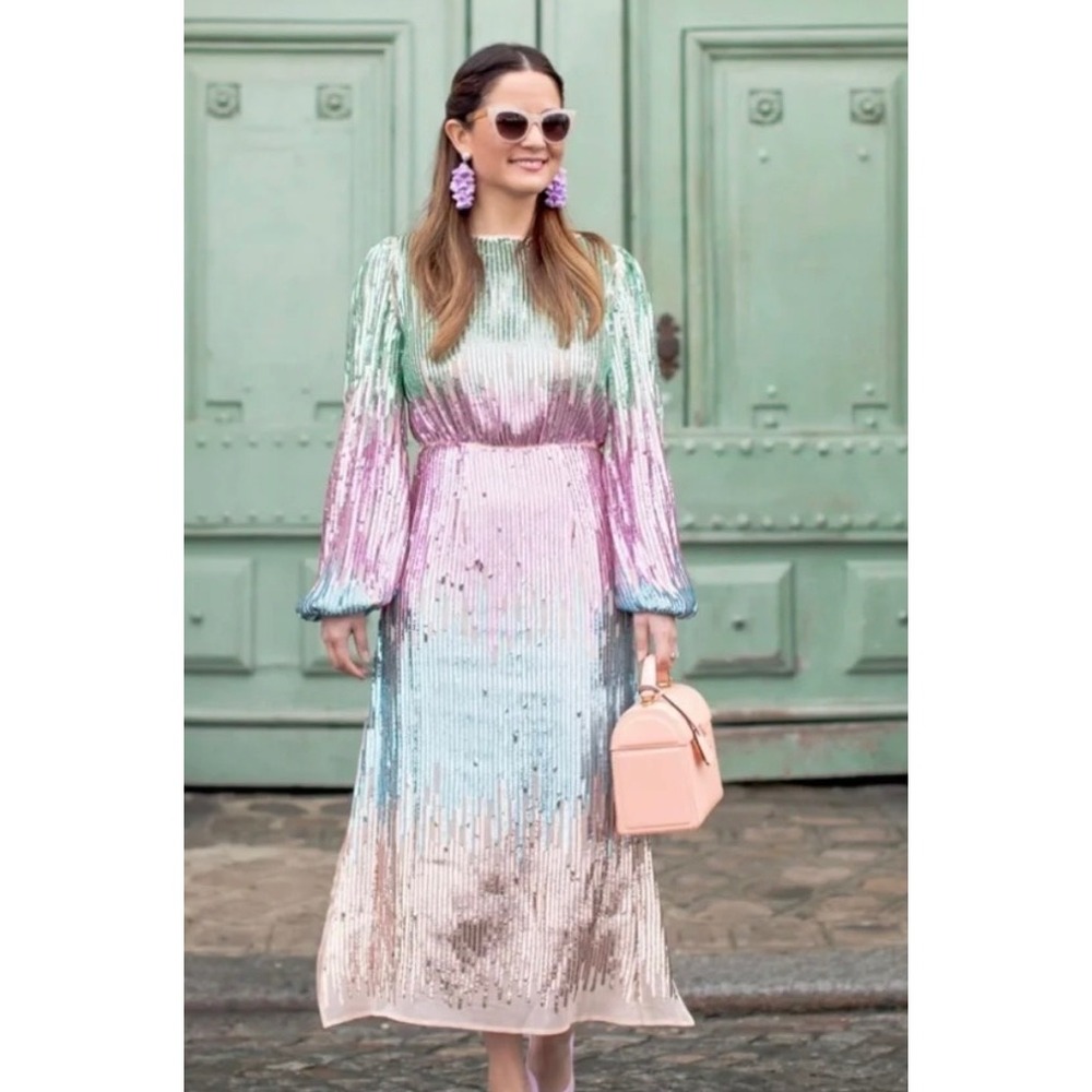 RIXO London Coco Rainbow Sequin Midi Dress Size S